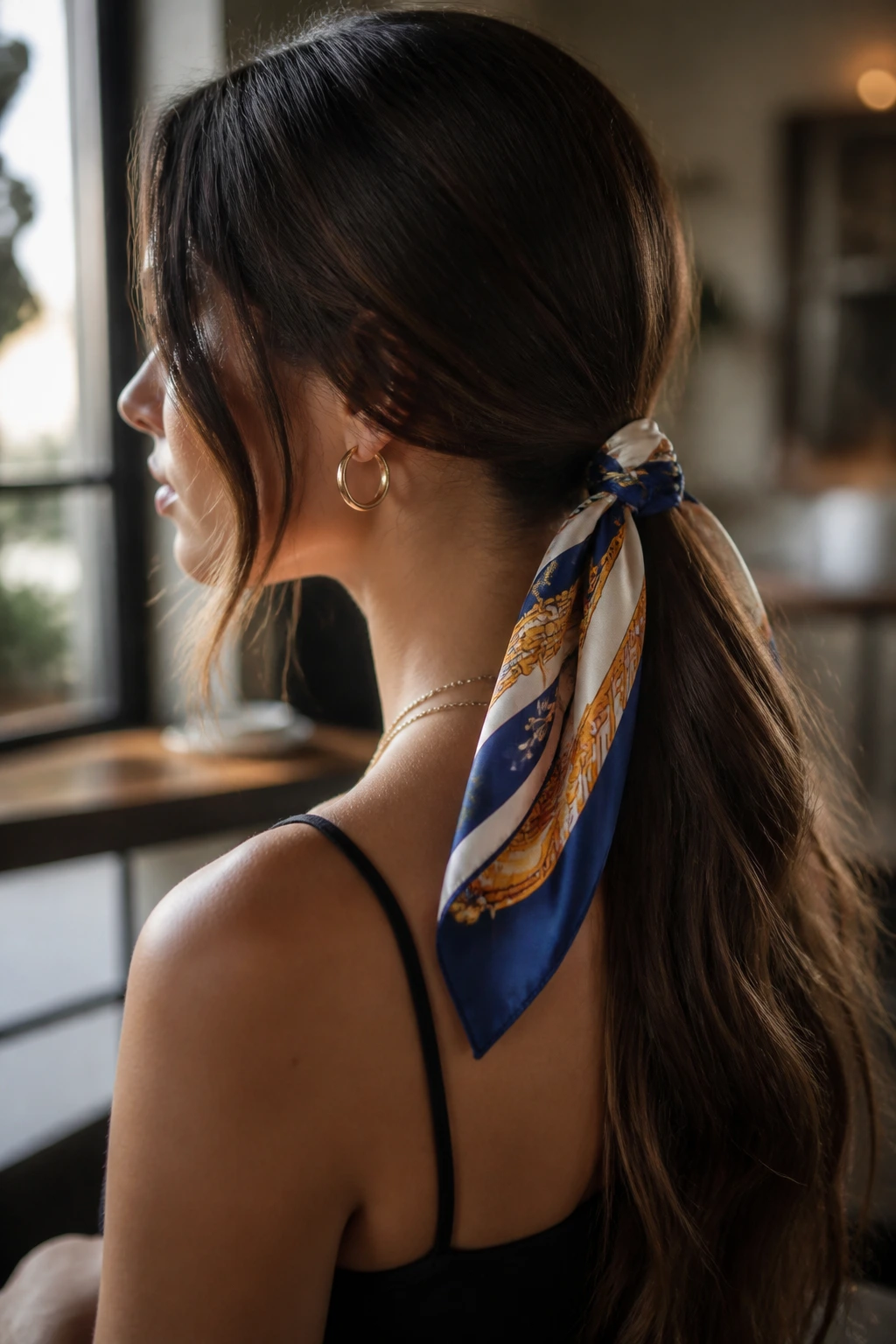 Close-up of a real woman with scarf-wrapped low ponytail