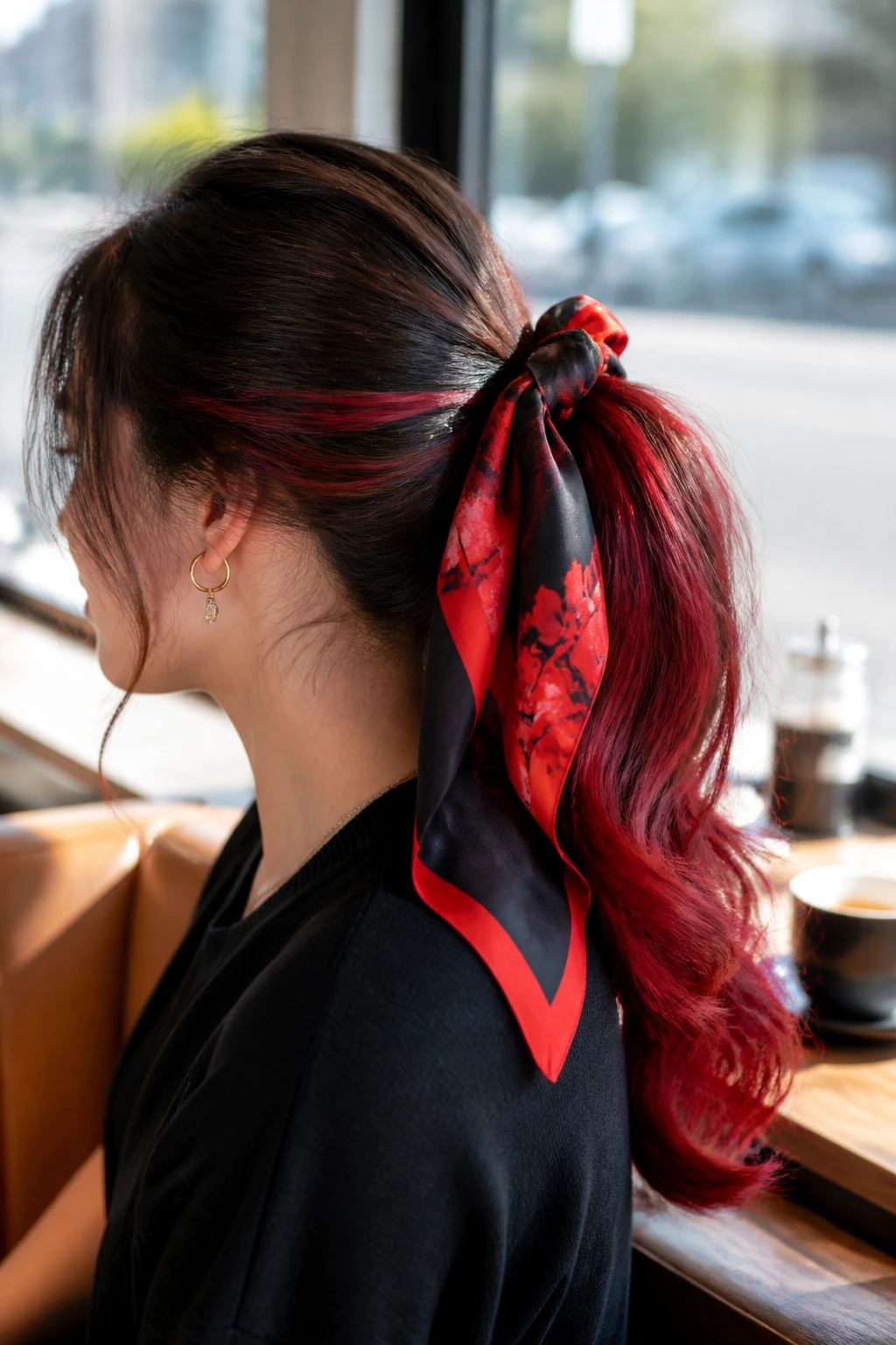 Close-up of a real person wearing a silk scarf around a ponytail with red and black hair.