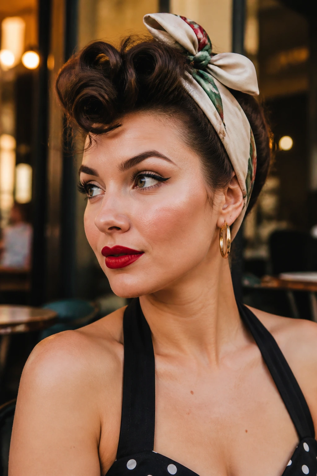 Real woman with scarf-tied retro twist hairstyle outdoors in warm light
