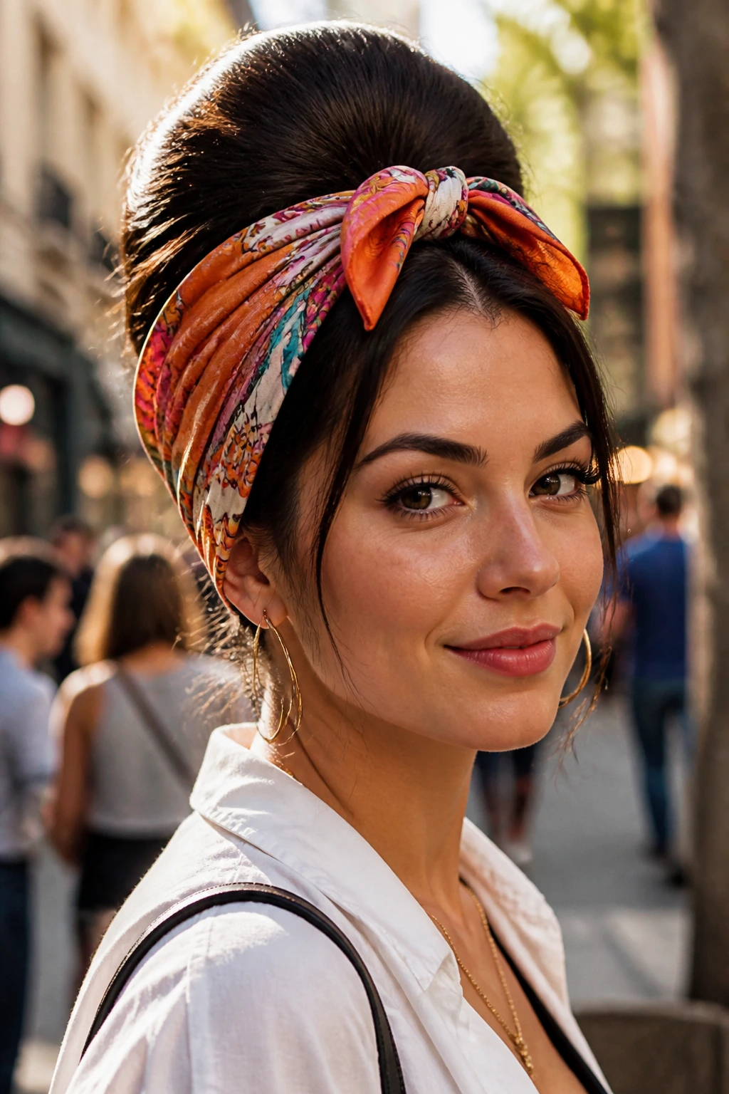 Close-up with scarf-tied high beehive on a real woman