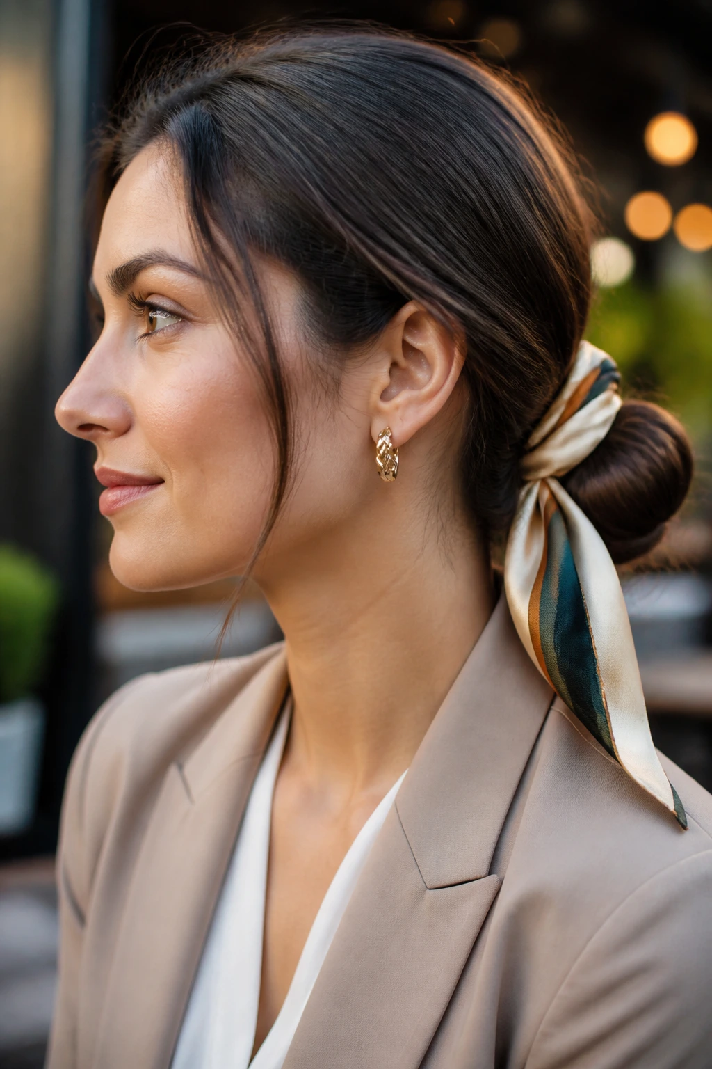 Close-up of a woman with a silk scarf tied around a low bun