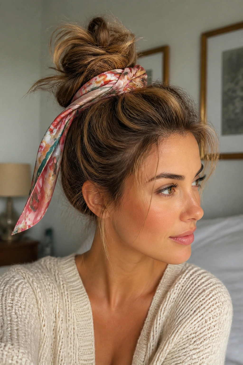 Close-up of a real woman with a scarf-wrapped messy top knot
