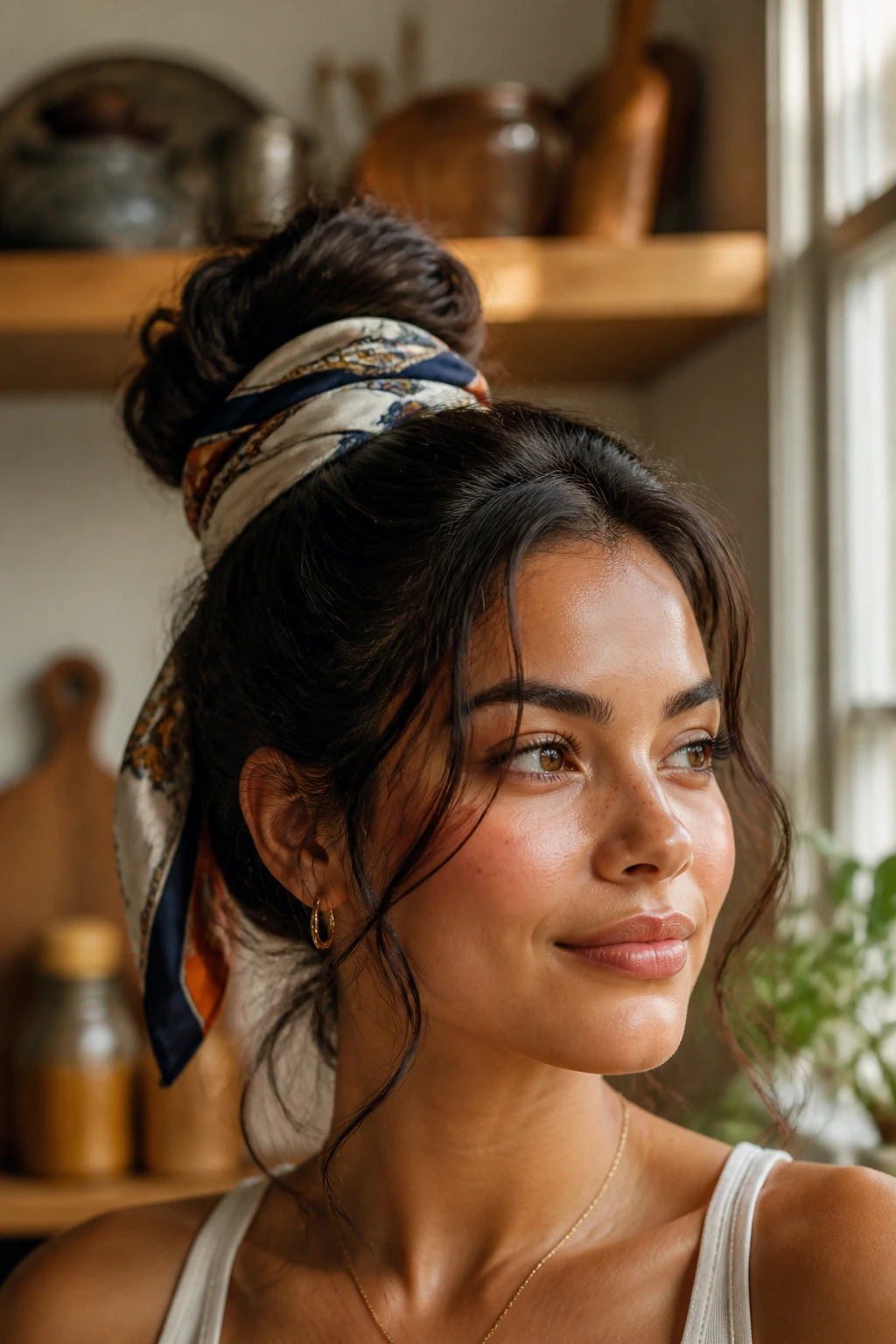 Real woman with a bun wrapped with a silk scarf in a scarf-in-a-tangle updo.