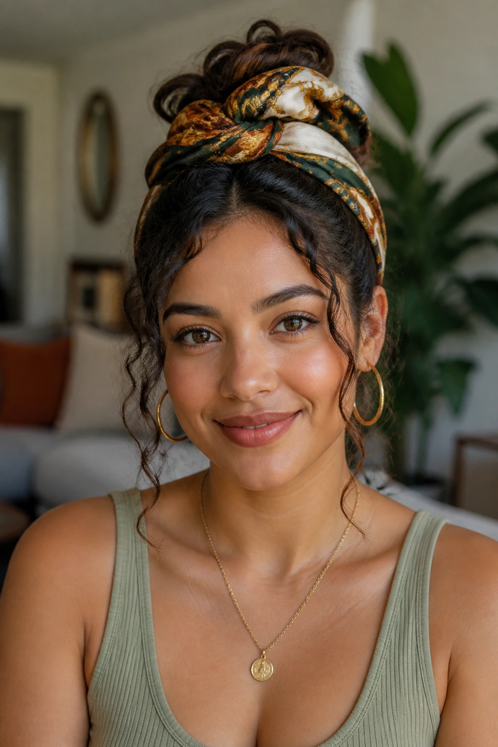 Front portrait of a real woman with a scarf-wrapped updo and face-framing curls.