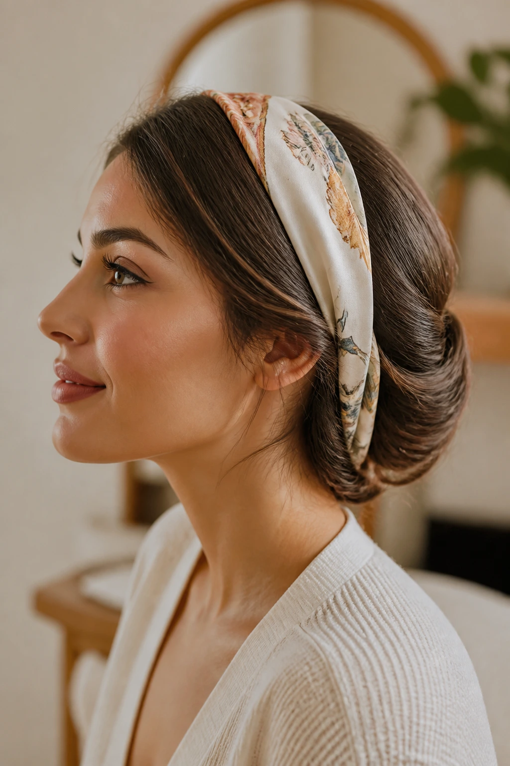 Real woman with tucked-in scarf updo.