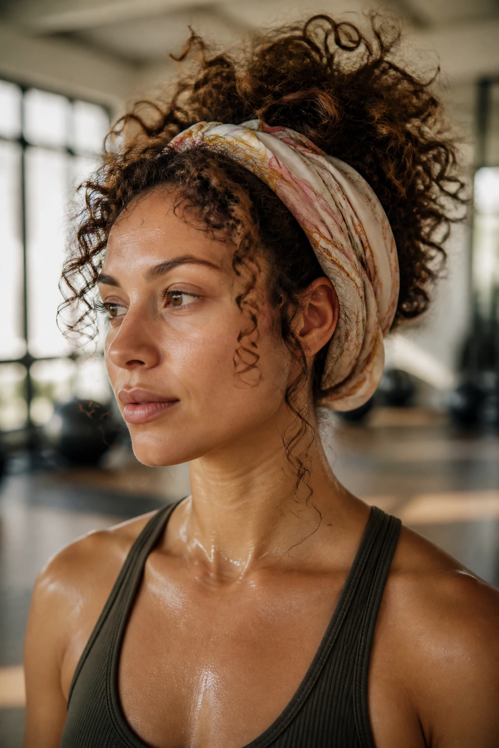 Close-up of a real woman with a silk scarf updo in a workout setting