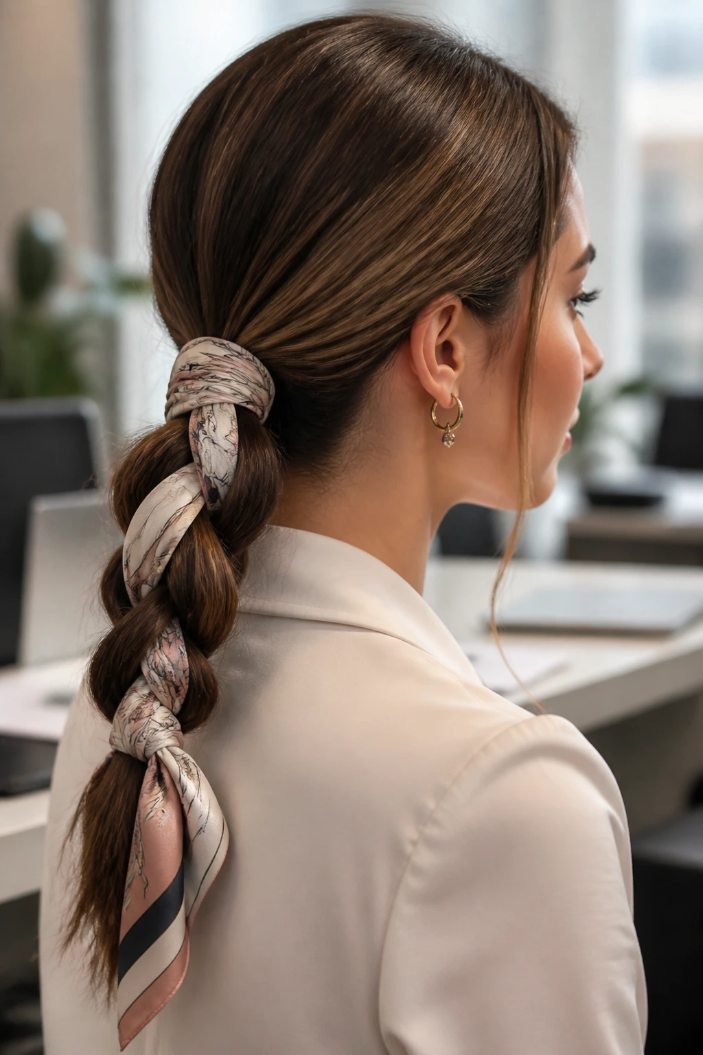 Close-up of a real woman with a scarf-woven low braid in an office setting