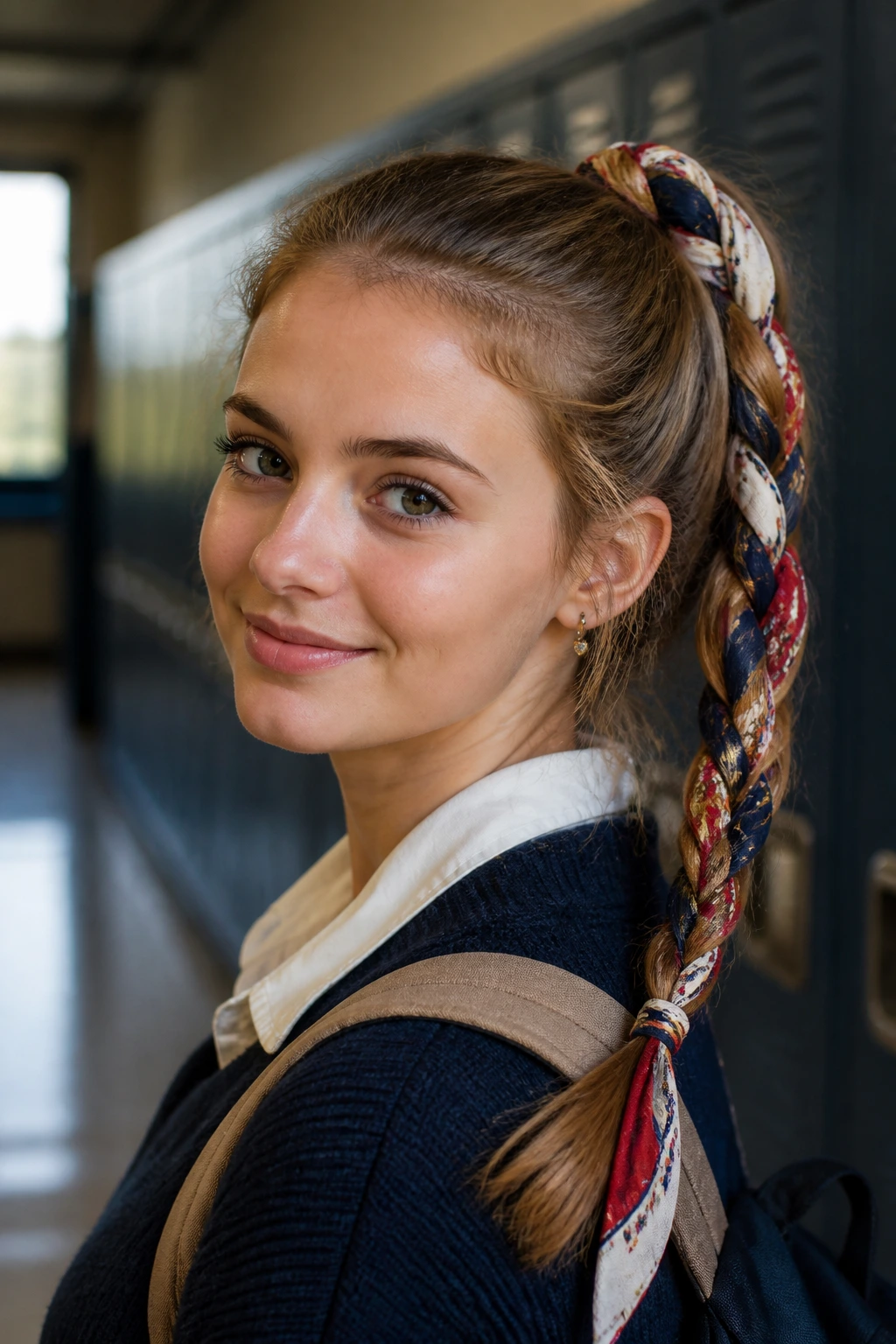 Close-up of scarf-woven braid hairstyle on a real student, silk scarf threaded into a three-strand braid.