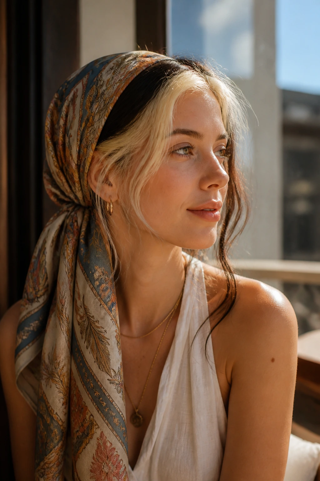Portrait of a real person wearing a silk scarf wrapped around the head in boho style