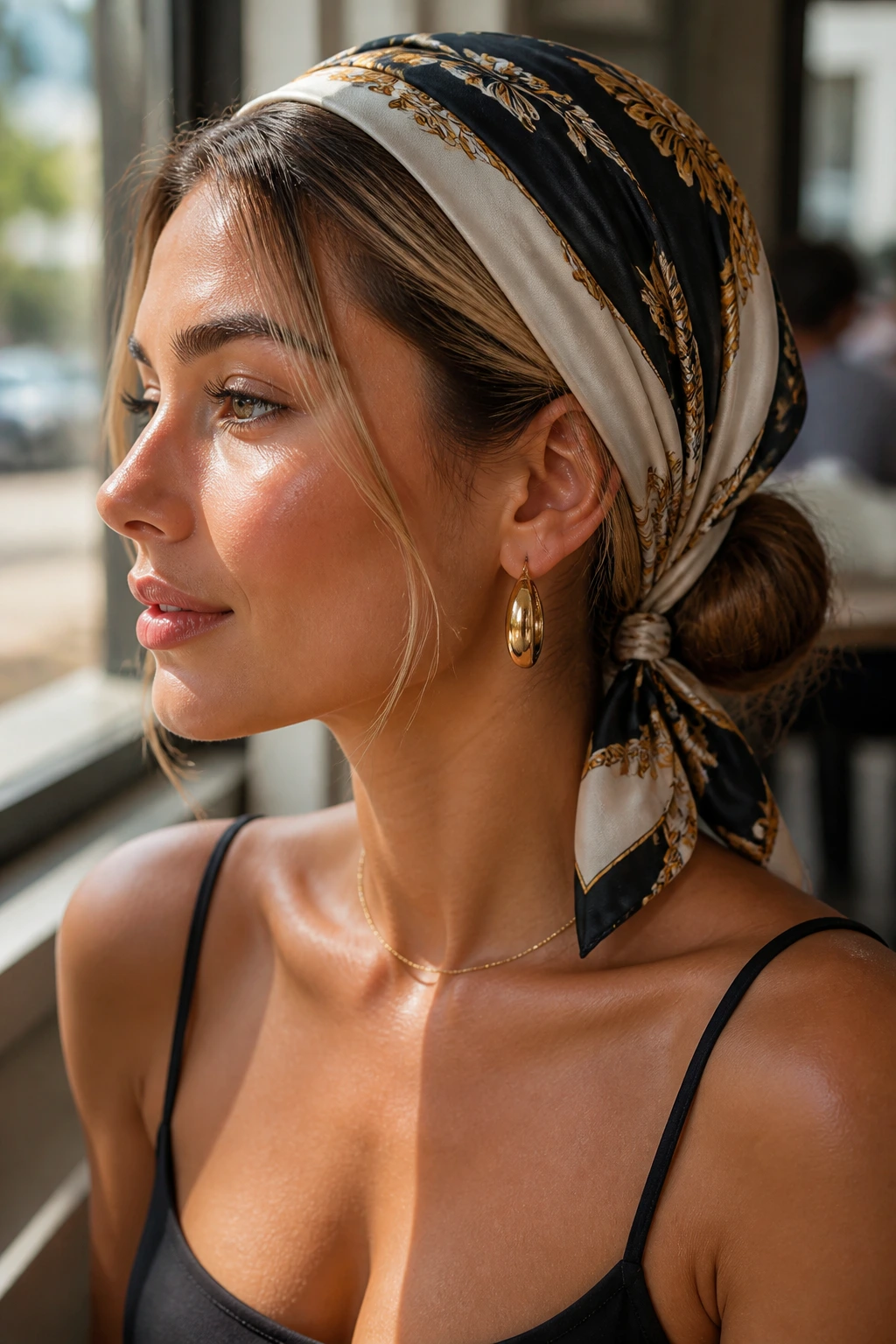 Real woman with scarf-wrapped low bun in a sunlit cafe setting