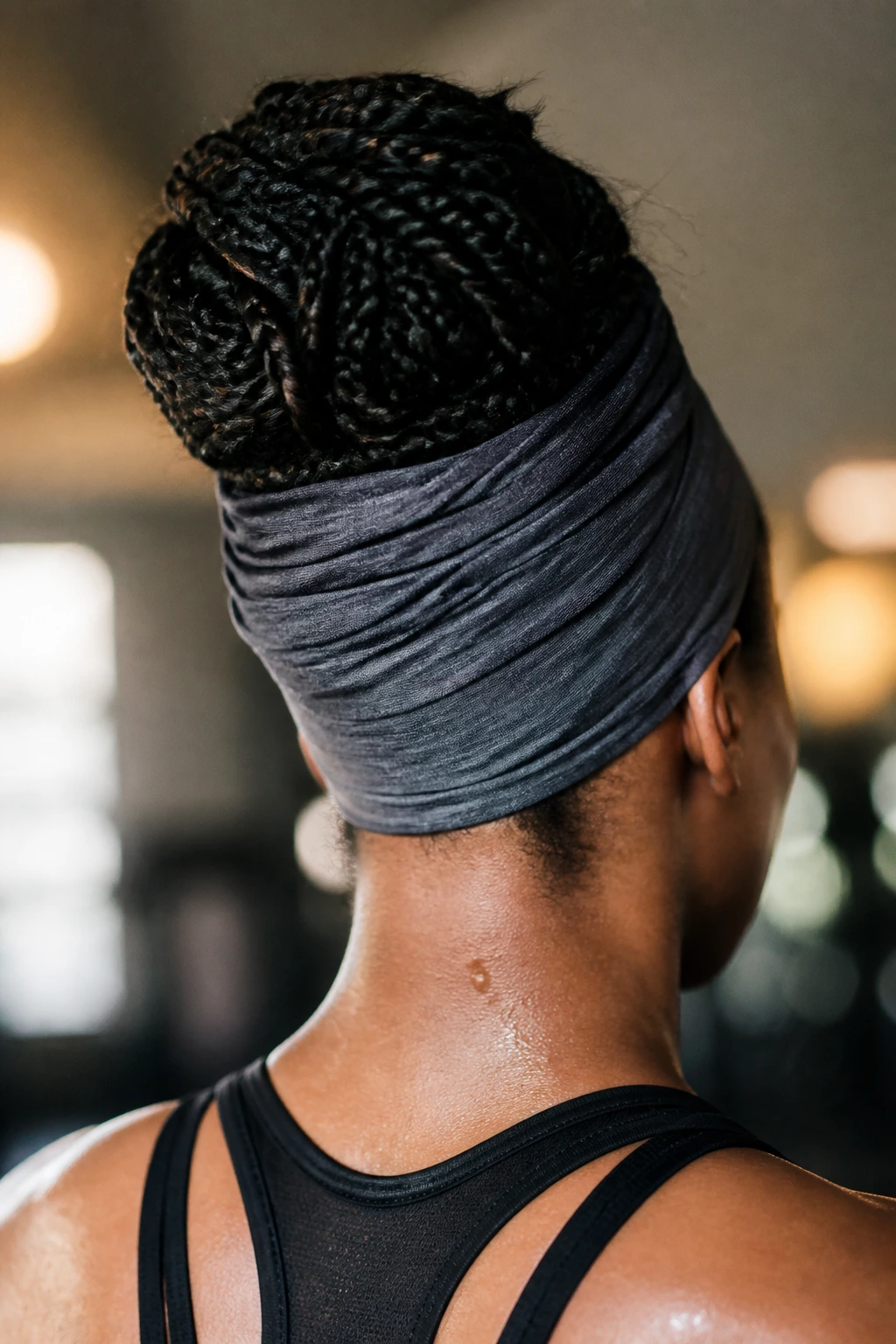 Back view of a woman wearing a high bun with a scarf wrap during a workout