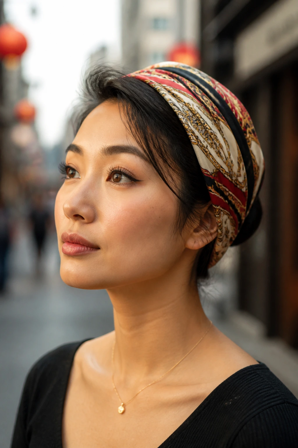 Real woman with hair wrapped in silk scarf forming a vintage updo.