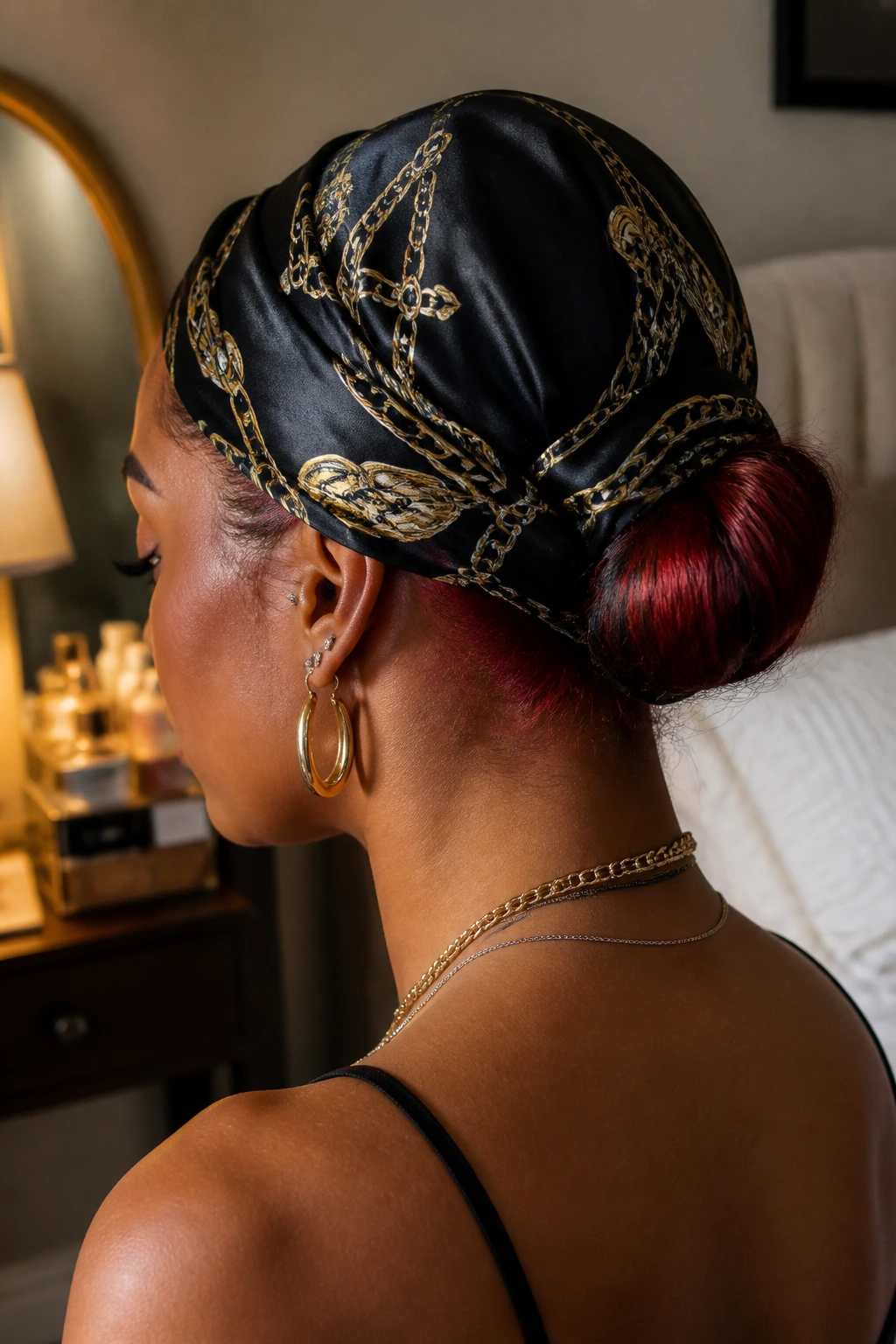 Real woman with a scarf-wrapped bun and red-to-black hair in a softly lit bedroom