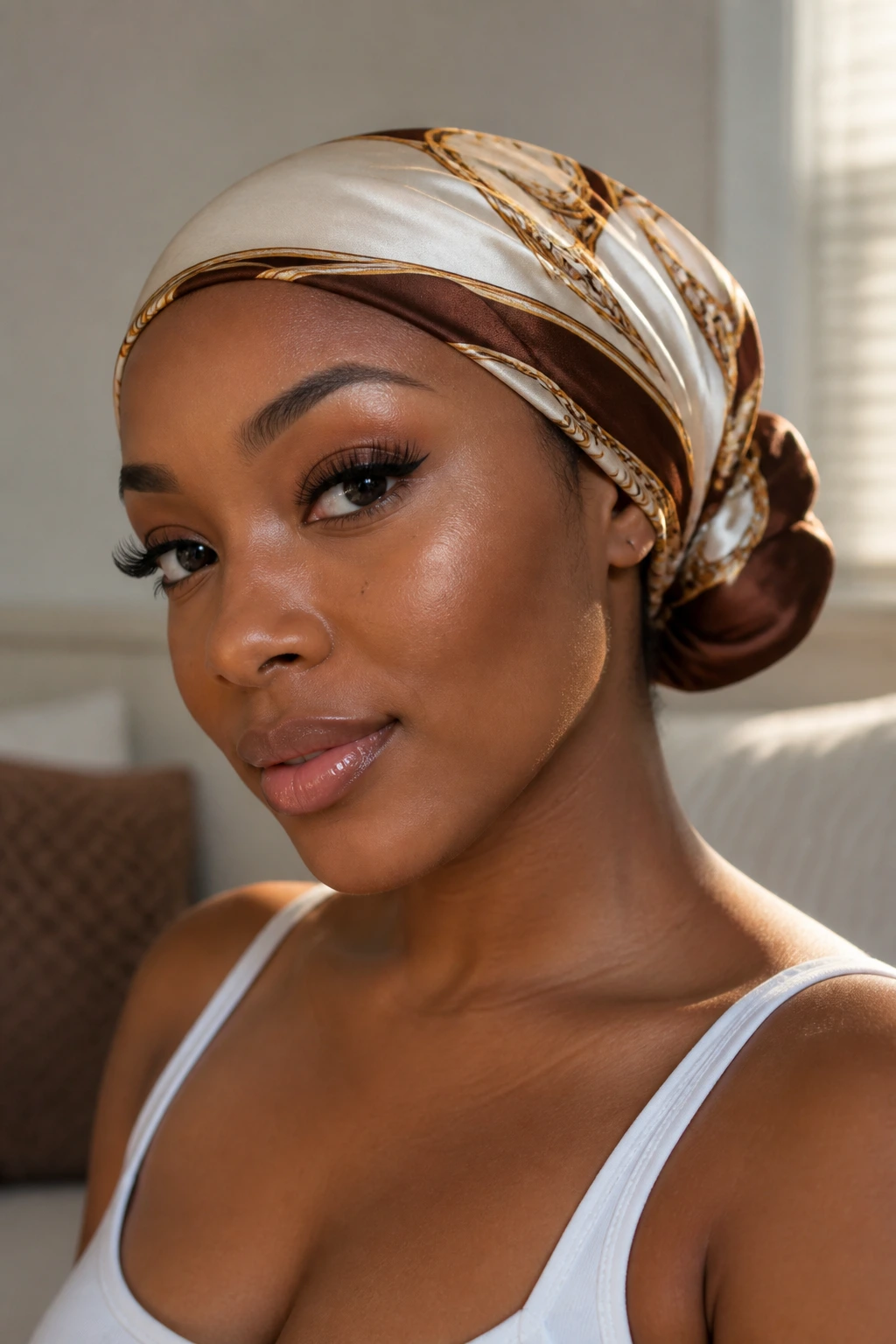 Close-up of hair tied in a silk scarf wrapped low bun on a real woman