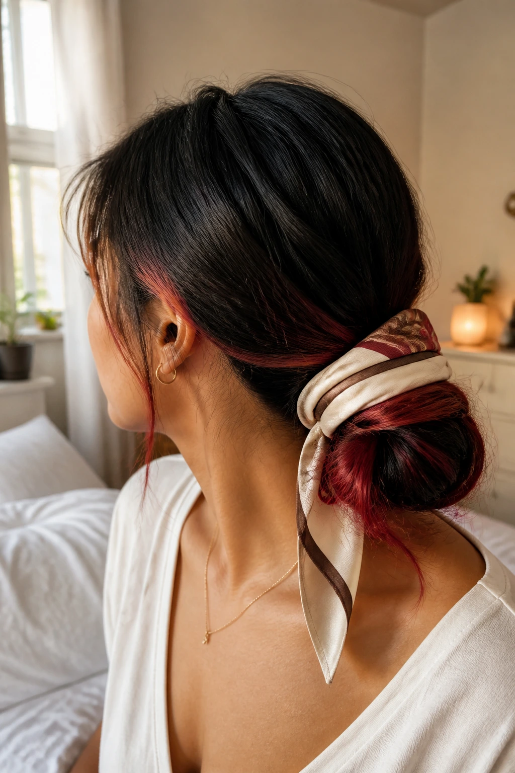 Real woman with a scarf-wrapped knot showing red-tipped hair at the bun