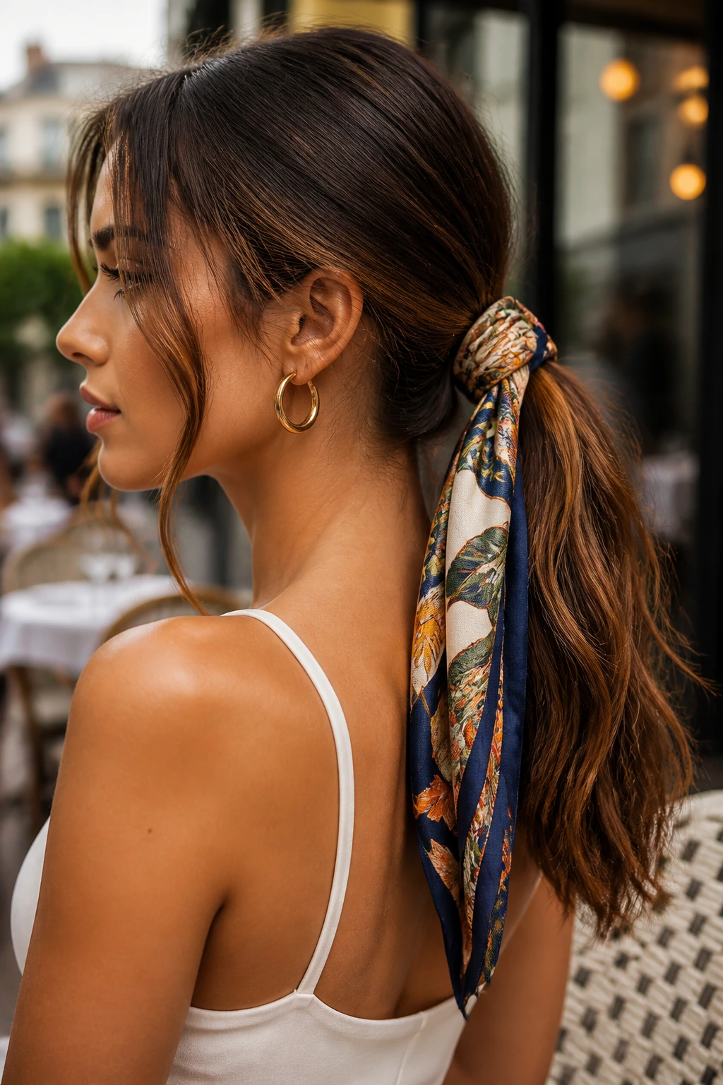 Close-up of a woman with a scarf-wrapped ponytail in outdoor light