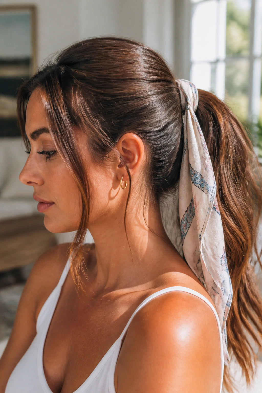 Real woman with scarf-wrapped ponytail in bright room