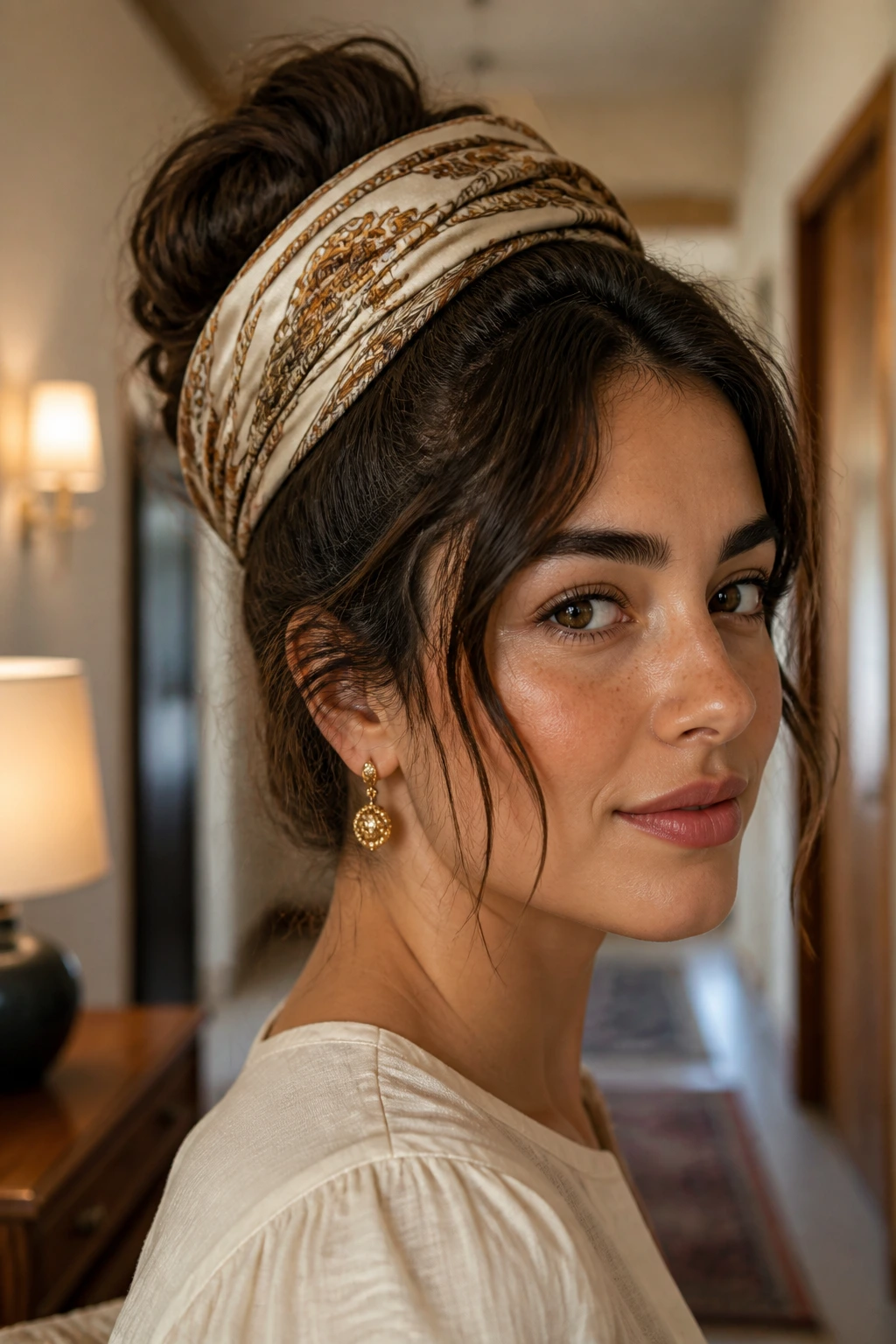 Close-up of a person with a silk scarf wrapped bun hiding frizz