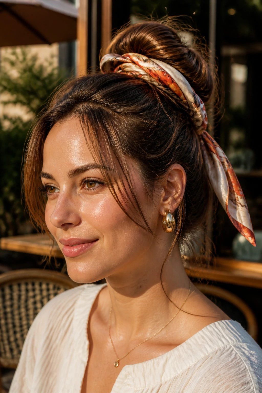 Close-up of a real person with scarf-wrapped updo in outdoor light