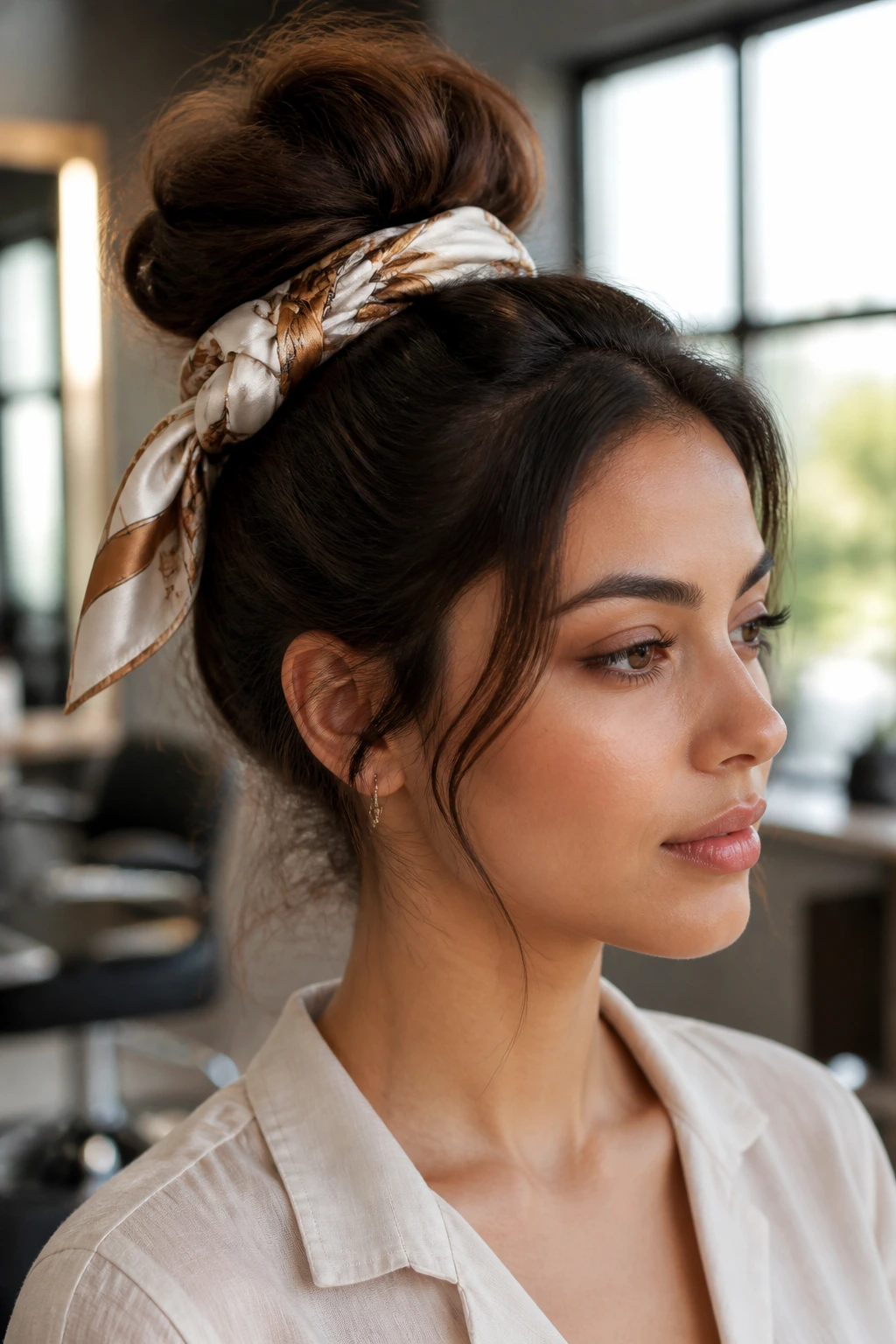 Close-up of a real woman with a scarf-wrapped updo, silk scarf around bun and smooth hairline.