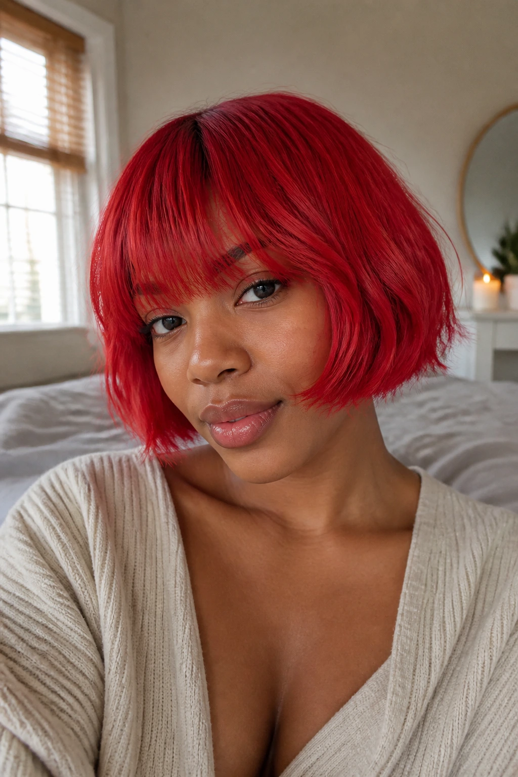 Close-up portrait of a real woman with a bright scarlet chin-length bob and soft bangs