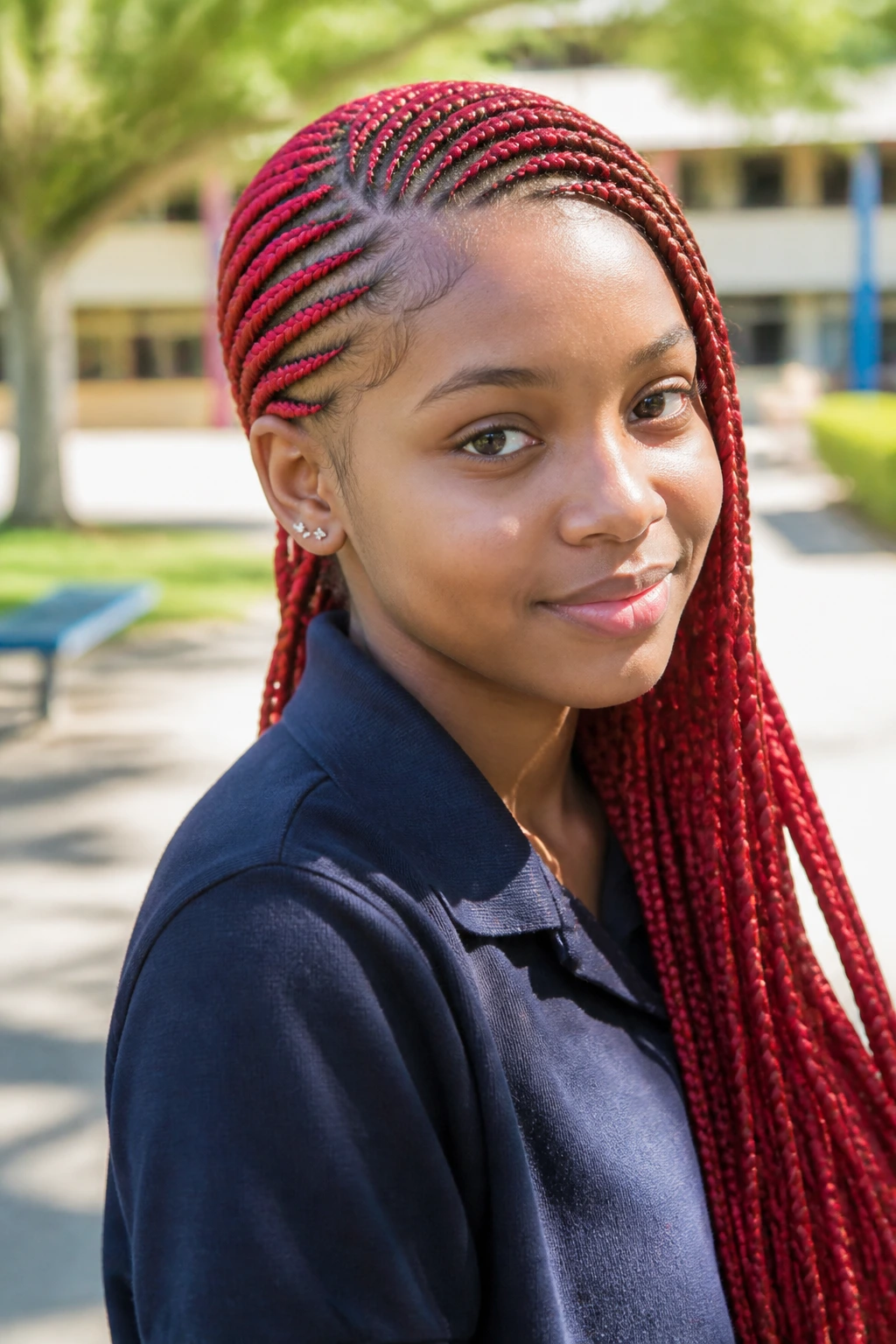 Close-up of bright scarlet lemonade braids flowing past the shoulder on a real person in a school setting