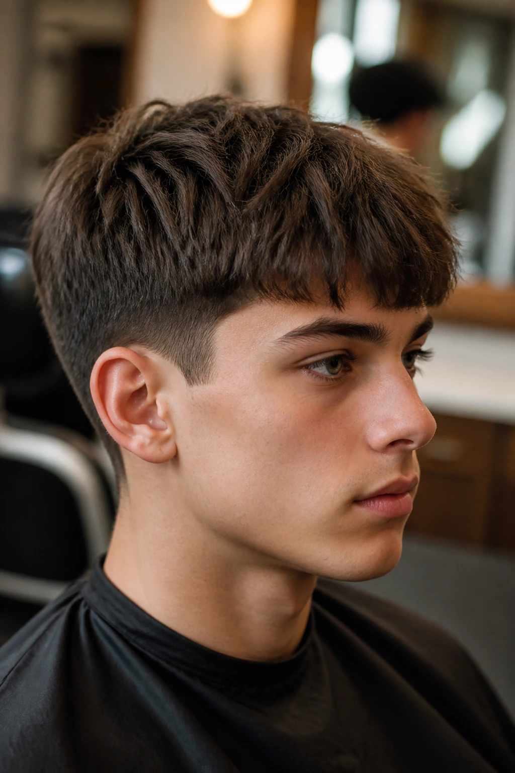 Portrait of teen with a scissor-cut crop in a barbershop setting.