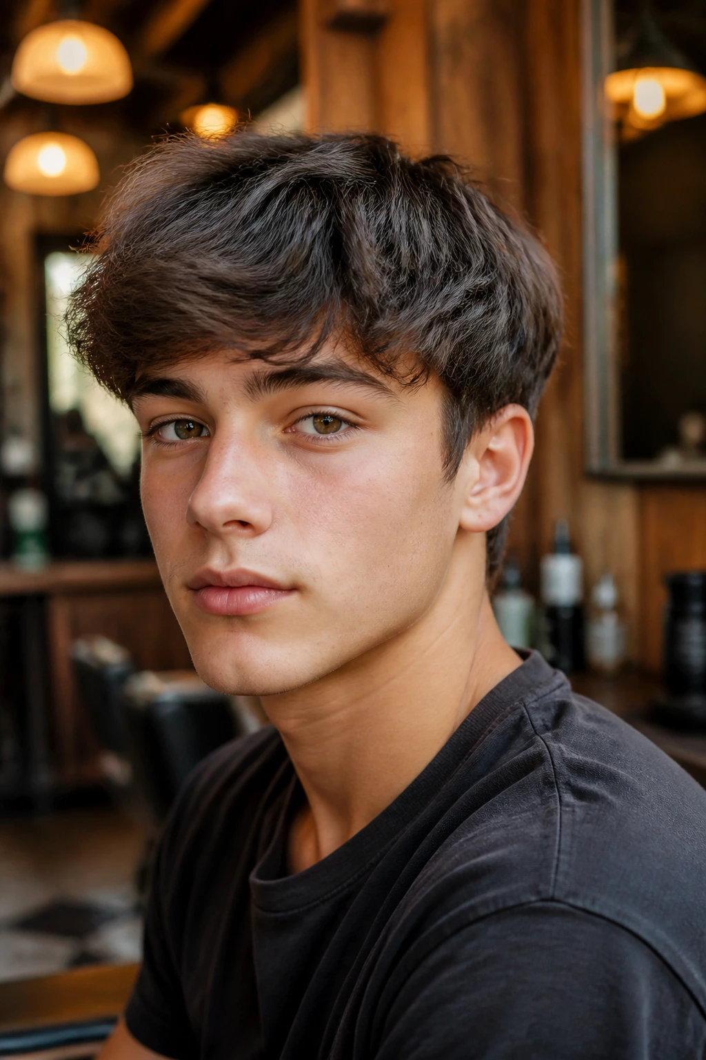 Teen portrait with soft scissor-cut hairstyle in barbershop setting