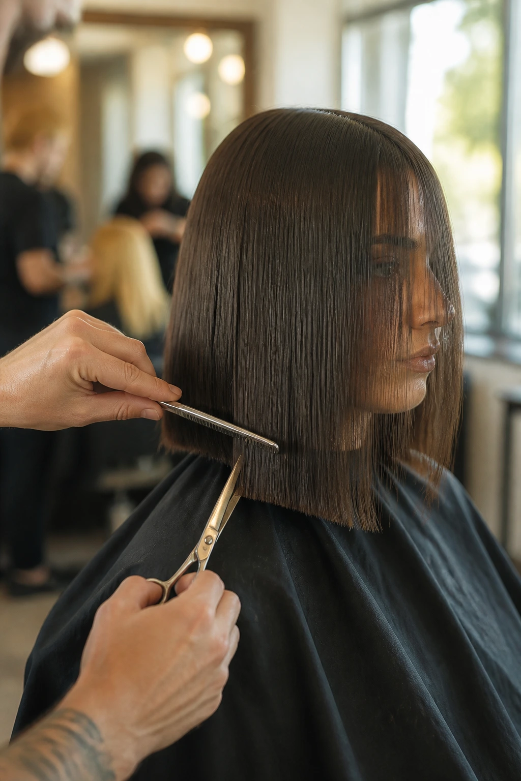 Portrait of a real person with straight hair in a salon as scissors and a razor are used
