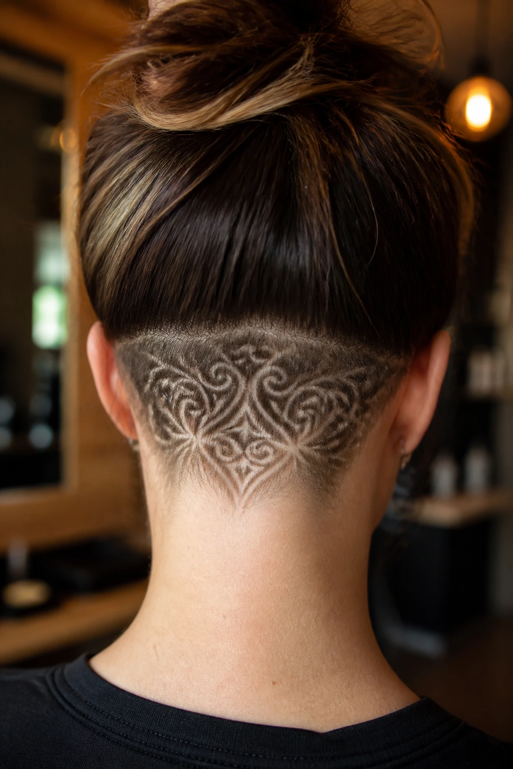 Close-up of back of head showing intricate scrollwork shaved at the nape on a real person