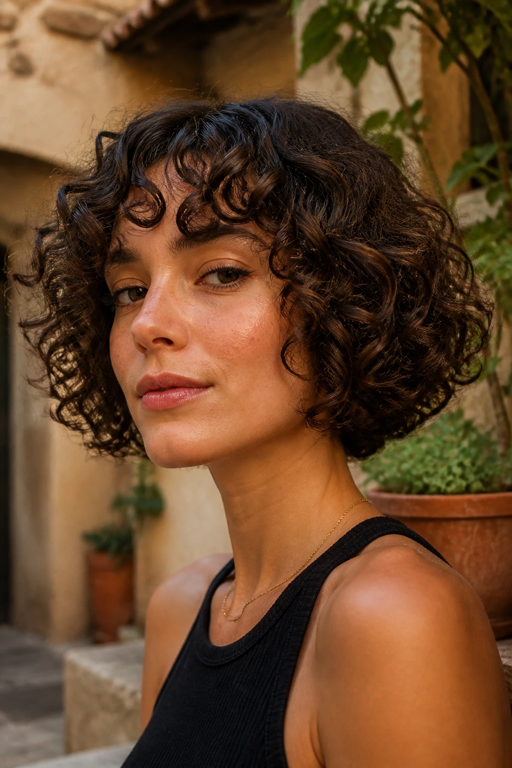 Portrait of a woman with scrunched curly bob in outdoor light