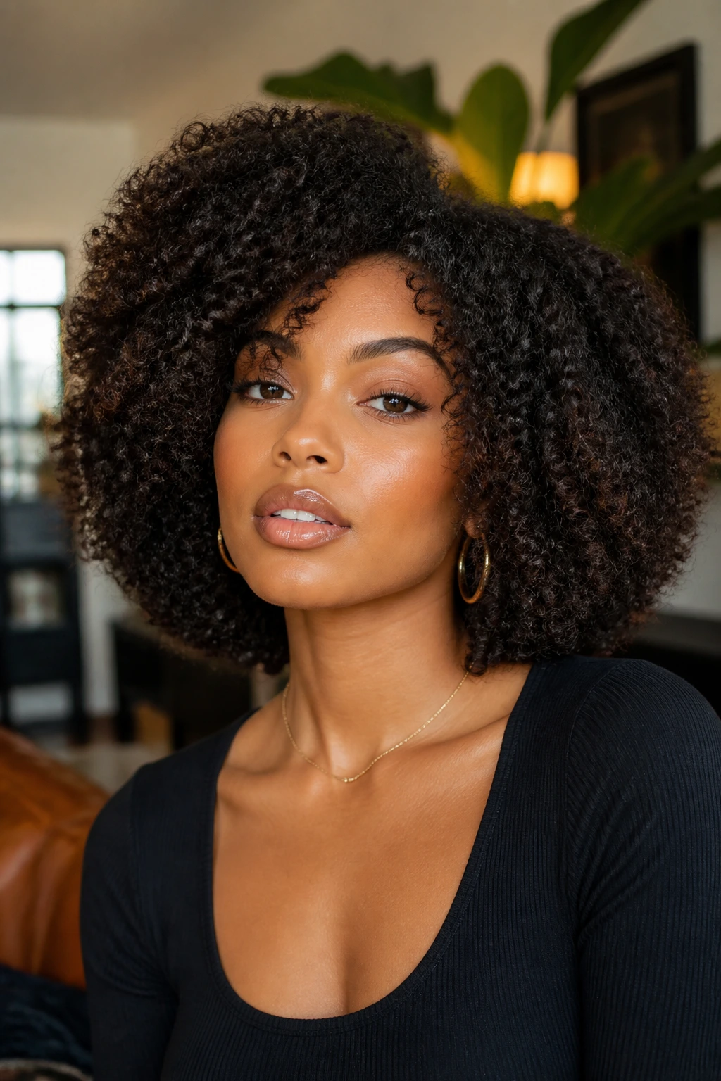 Close-up of a real person with a sculpted afro-bob showing crown volume and a boxy shape.
