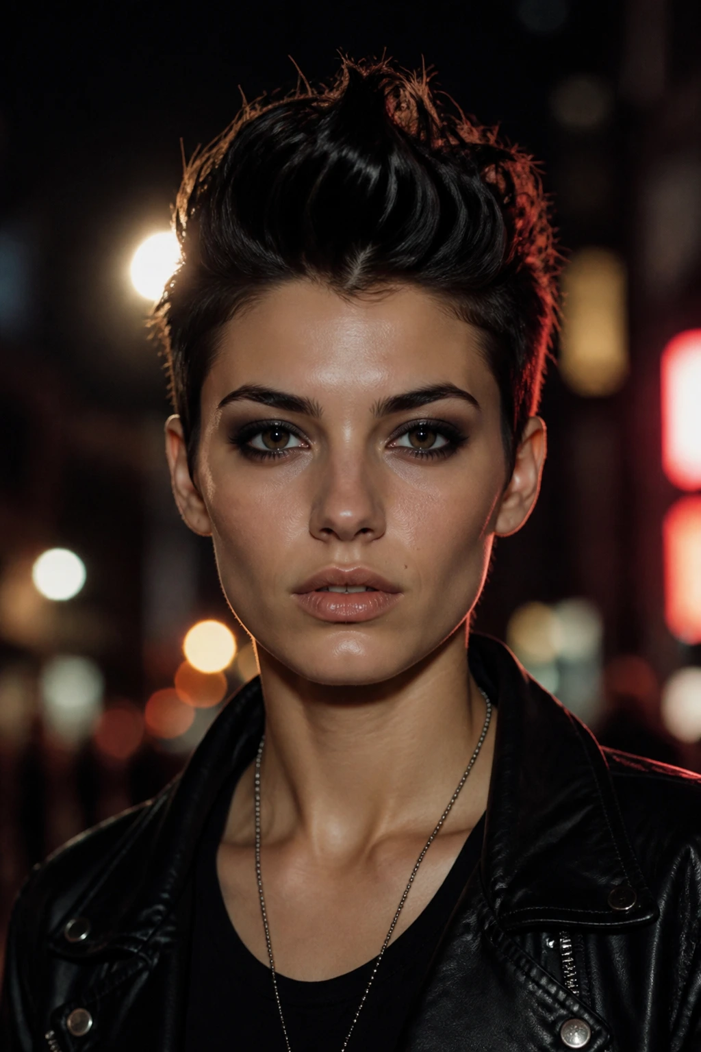 Portrait of a real person with a sculpted faux-hawk under neon lights