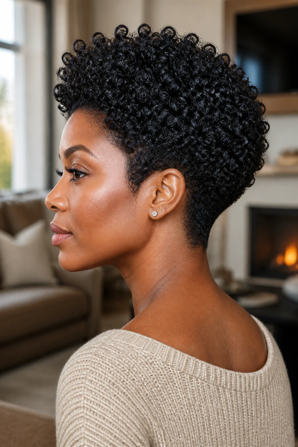 Close-up of a real person with a sculpted tapered bob, sharp nape and lifted crown in soft window light.