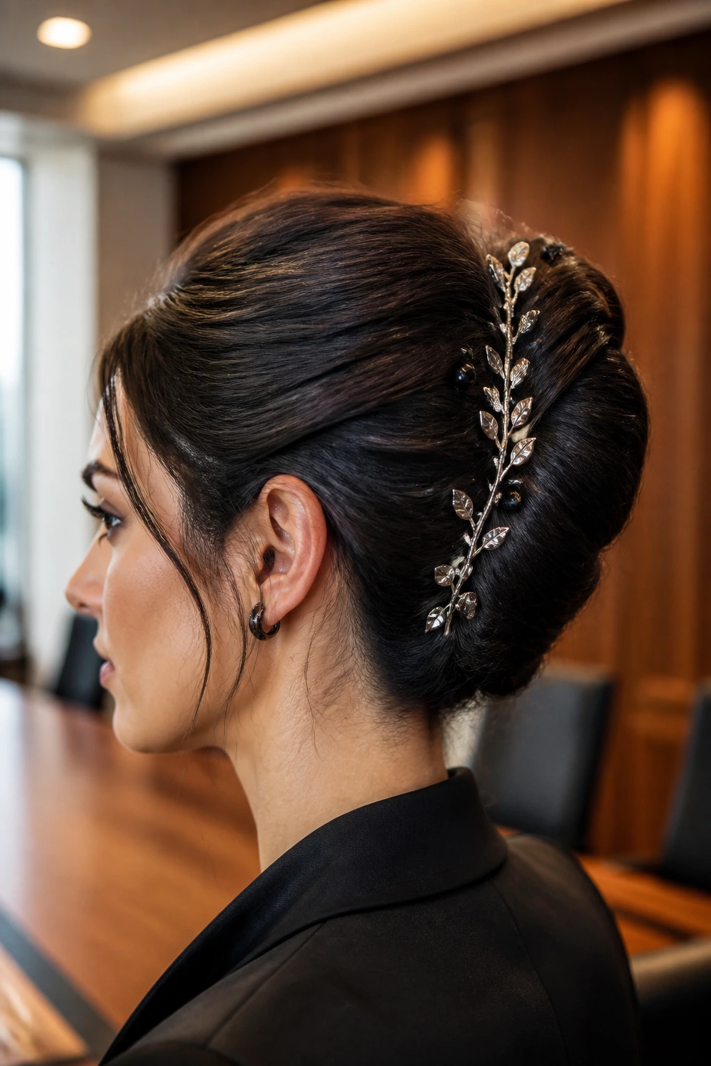 Portrait of a woman with a sculptural French twist and pins