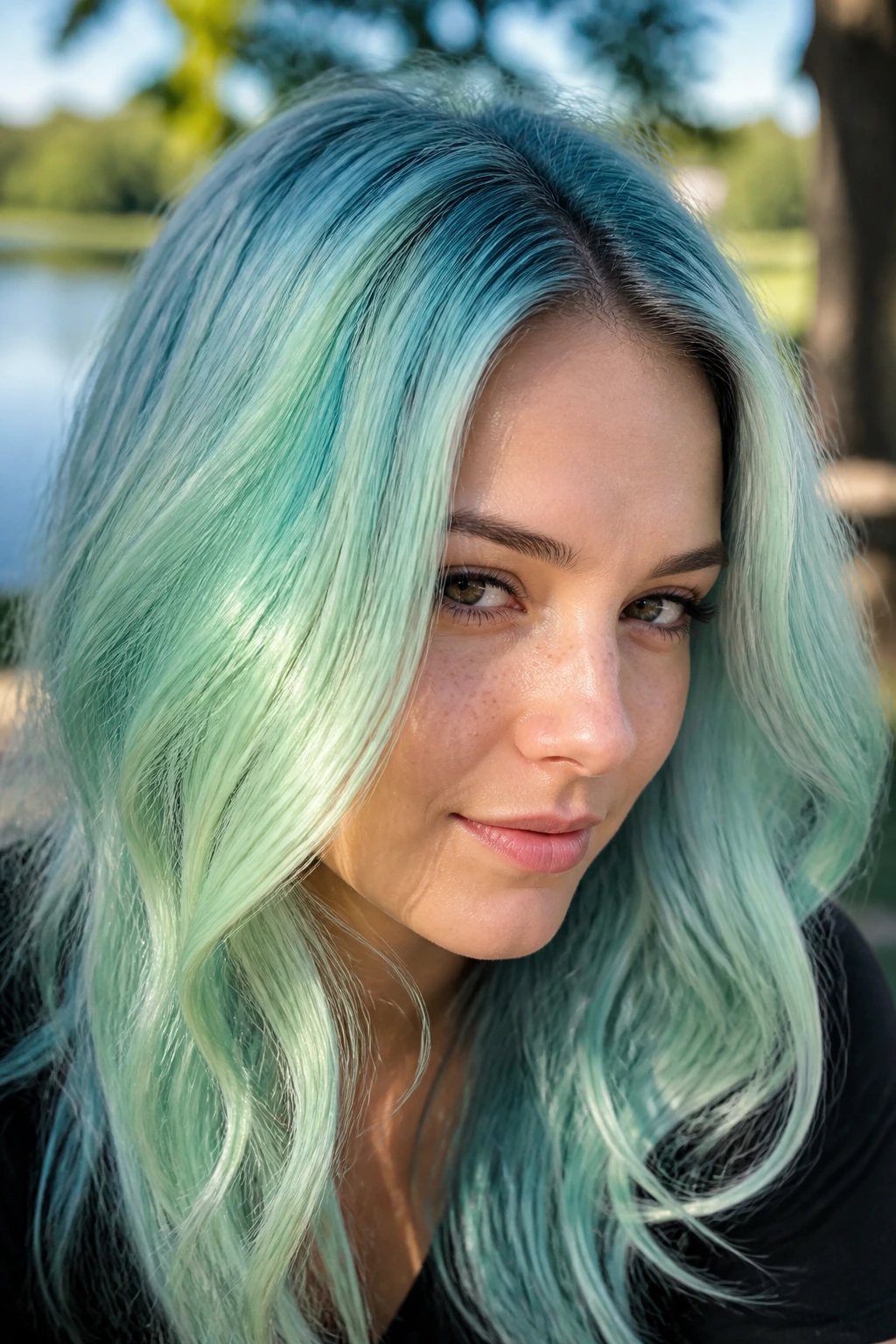 Close-up portrait of a real woman with Seafoam Green hair and root-melt