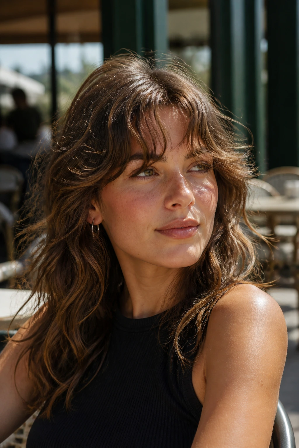 Close-up portrait of a woman with seagull-shaped wavy bangs lifting at the roots.