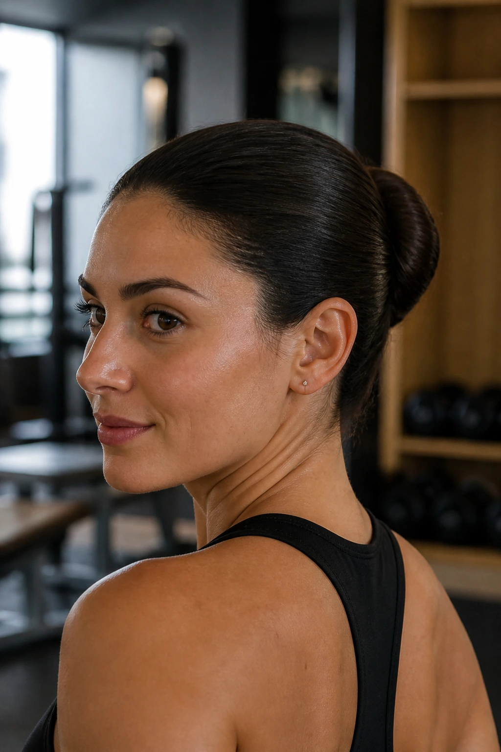 Close-up of a real woman with a seamless triple-fold bun in a gym setting