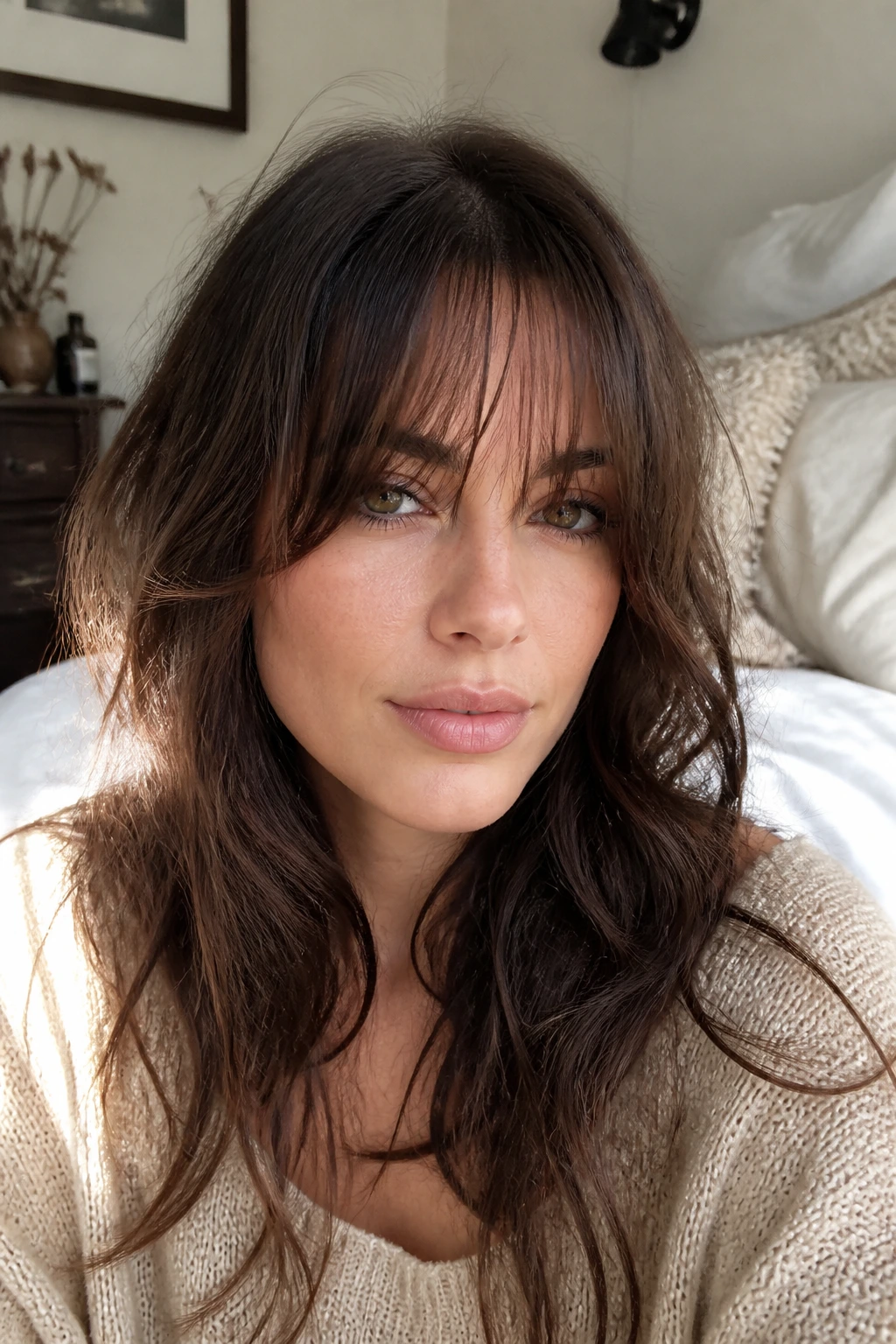 Close-up of a real person with seamless grown-out fringe at the eyelashes in morning light