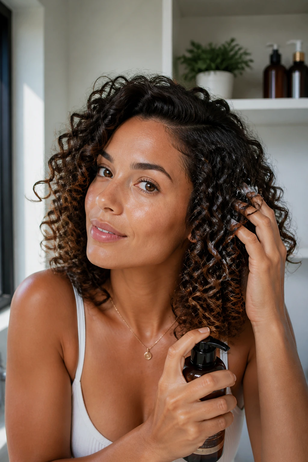 Portrait of a woman applying hair product, illustrating seasonal product shifts for curls.
