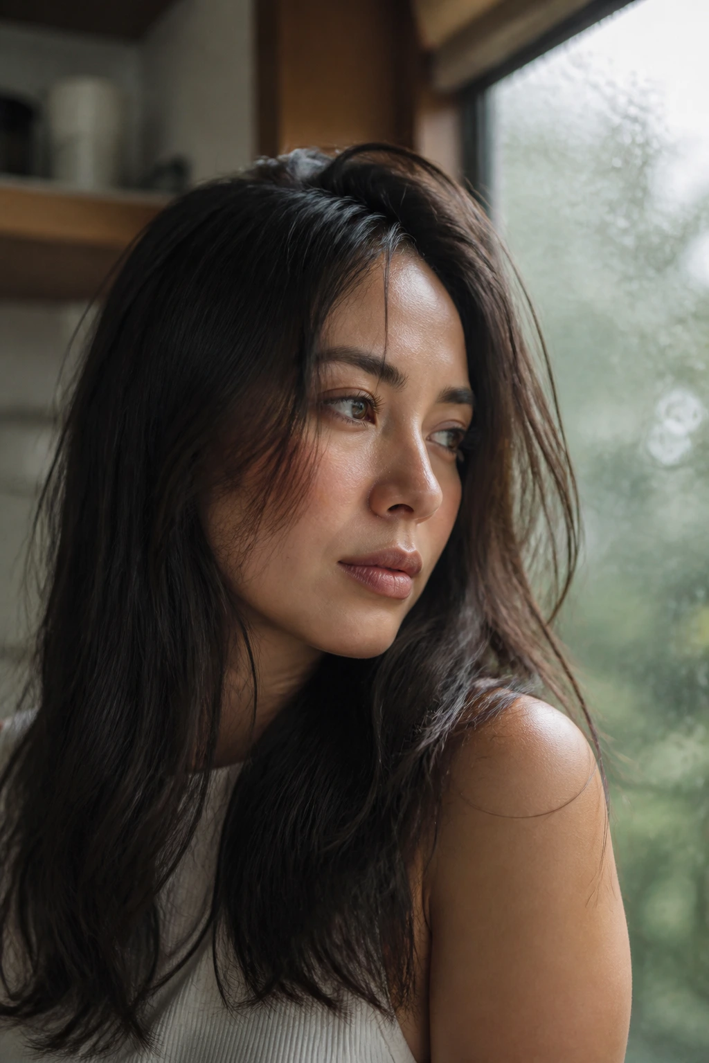 Portrait near a window showing humidity impact on hair oil and volume