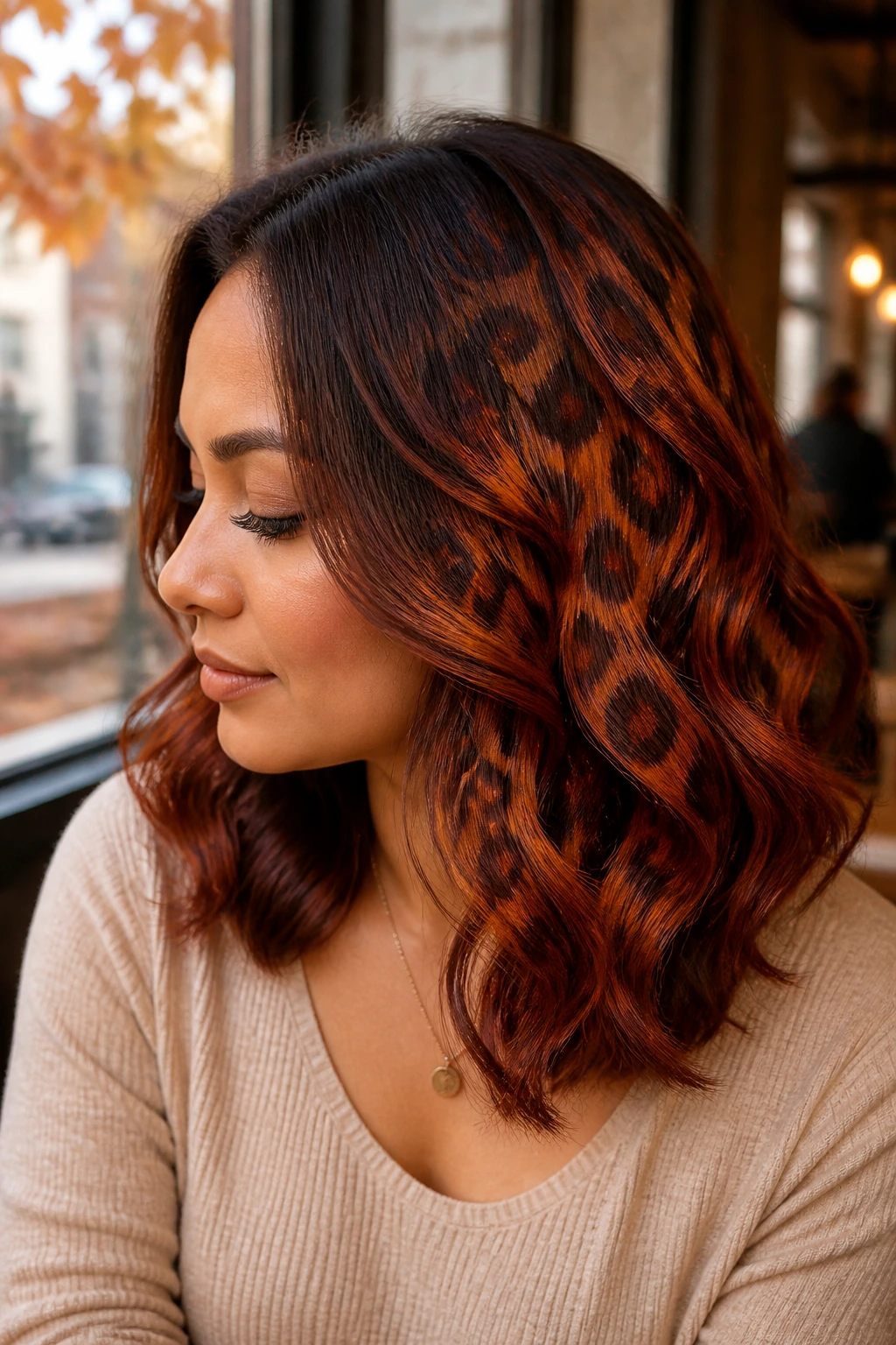 Leopard spot hair in warm autumn tones by cafe window
