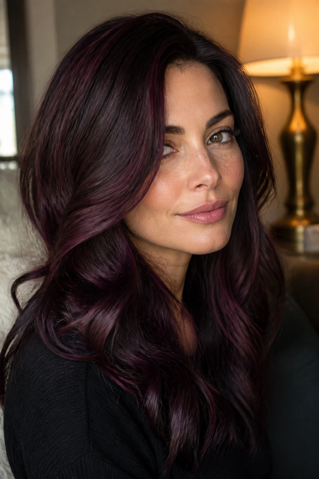 Portrait of a woman with deep winter wine shade hair in a cozy indoor setting