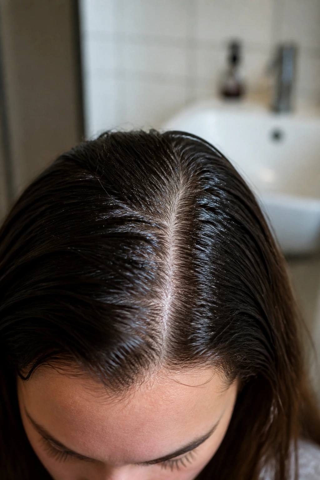 Close-up of an oily scalp with sebum sheen on roots of a real person in bathroom setting