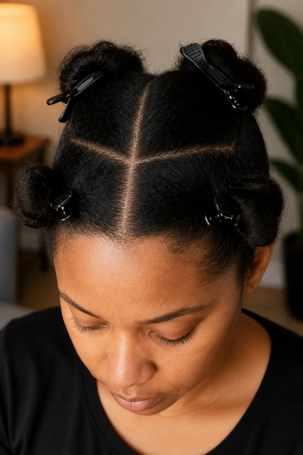 Real woman with hair sectioned into four parts secured with clips for consistent curling