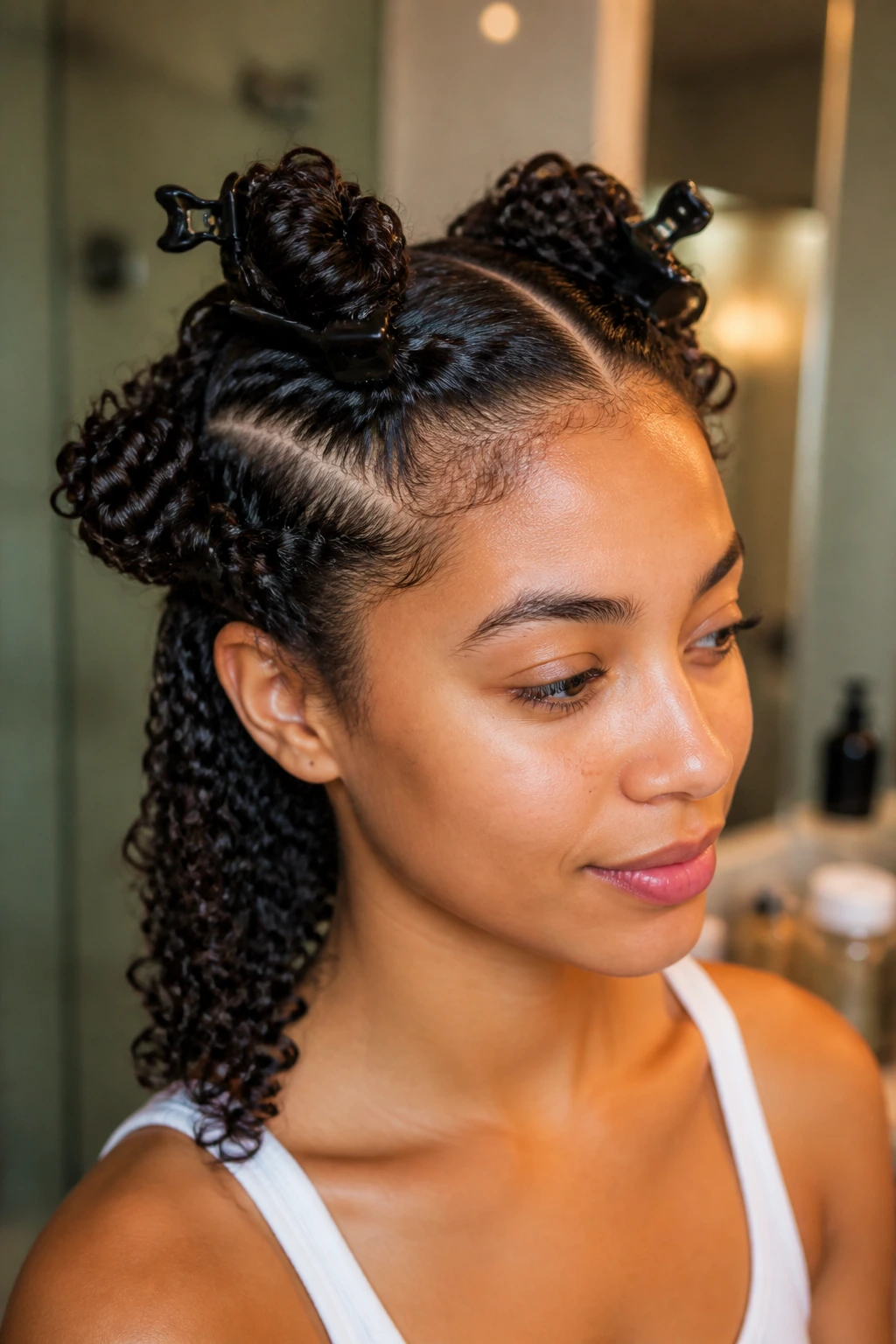 Real person with hair neatly sectioned into parts and clipped for even product distribution