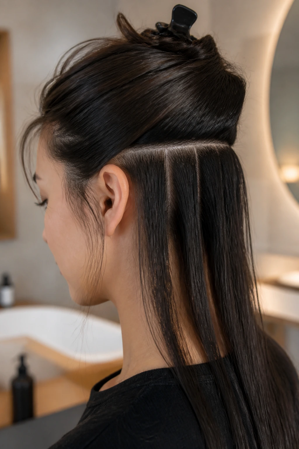 Real person with hair sectioned and clipped for curling in a bathroom