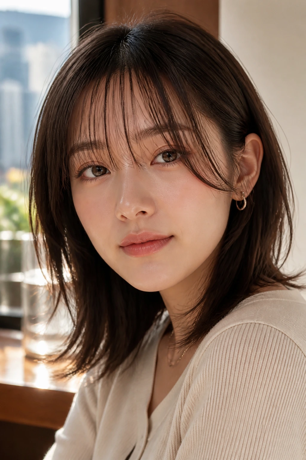 Close-up of a real woman with see-through Asian-style framing bangs