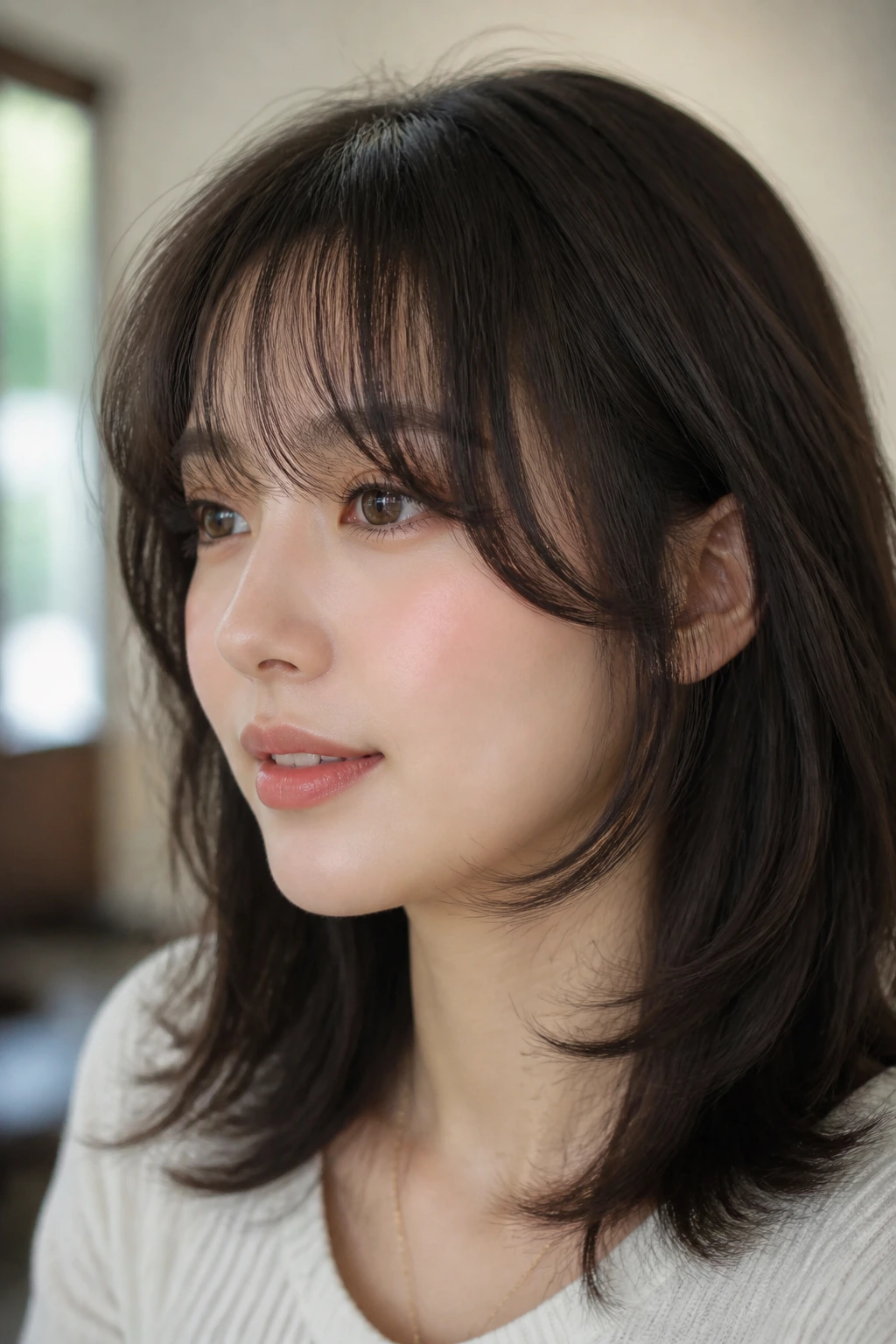 Close-up portrait of a real woman with wispy see-through bangs and face-framing layers