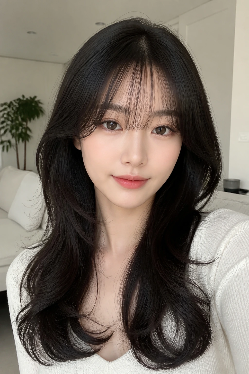 Real woman with see-through Korean air bangs and soft C-curves in bright room